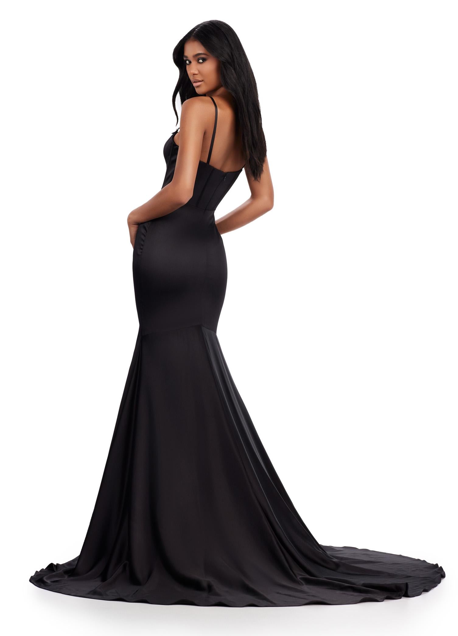 Back. Black ASHLEYlauren 11644 Fitted Satin Gown with Corset Bustier, Illusion V-Neckline, Spaghetti Straps, and Beaded Accents