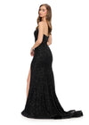 Back. Black ASHLEYlauren 11659 fully beaded gown featuring a strapless corset bustier, asymmetrical waistline to accentuate curves, fitted silhouette, left leg slit, and horsehair trim for an elegant and glamorous look.