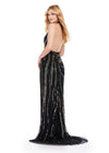 Back. Black ASHLEYlauren 11670 Intricately Beaded Gown with Deep V-Neckline, Sheer Side Cut Outs, Open V-Back, and Left Leg Slit