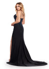 Back. Black ASHLEYlauren 11688 Stunning Jersey Gown with Spaghetti Straps, Plunging V-Neckline, Scattered Press On Stones, Draped Skirt, and Left Leg Slit