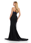 Back. Black ASHLEYlauren 11690 Glamorous Strapless Gown with Exposed Corset Boning Encrusted in Press On Stones, Ruched Skirt, and Left Leg Slit