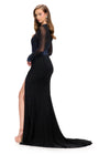 Back. Black ASHLEYlauren 11742 glamorous evening gown featuring a mesh high neckline, ruched waistline, press-on stone embellishments, left leg slit, and a sweep train for an elegant and sophisticated look.