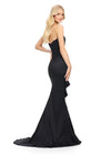 Back. Black ASHLEYlauren 11751 Strapless Taffeta Gown with Elegant Ruched Bodice, Dramatic Cascading Ruffle Detail, and Left Leg Slit