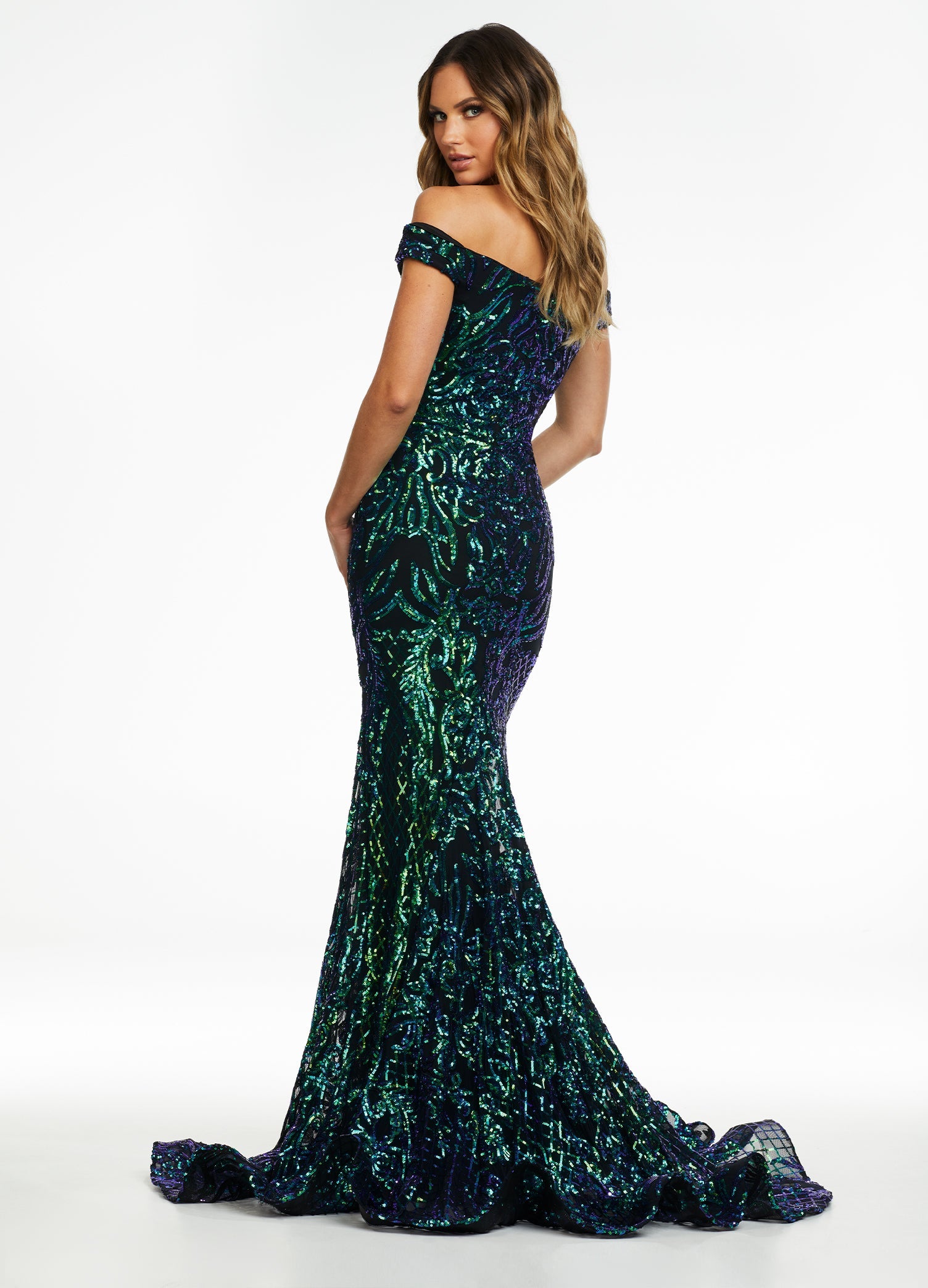 Back. Black/Emerald ASHLEYlauren 11112 Off-Shoulder Stretch Sequin Gown with Sweetheart Neckline, High Back, and Horsehair Hem