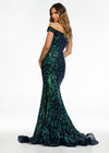 Back. Black/Emerald ASHLEYlauren 11112 Off-Shoulder Stretch Sequin Gown with Sweetheart Neckline, High Back, and Horsehair Hem