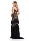 Back. Black/Gold ASHLEYlauren 11438 glamorous gown featuring a sweetheart illusion V-neckline, ornate bead pattern, striking V-back, tiered ruffle skirt, and a center slit with tulle details for an elegant and dramatic look.