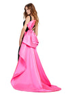 Back. Black/Hot Pink ASHLEYlauren 11527 Velvet Gown with V-Neckline, Open Back, Satin Bow Detail, and Fitted Skirt with Sweep Train