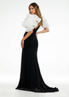 Back. Black/Ivory ASHLEYlauren 11172 Velvet Gown with V-Neckline, V-Back, Contour Seaming, Multi-Tiered Organza Shoulder Ruffles, and Left Leg Slit.