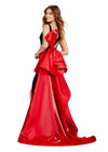 Back. Black/Red ASHLEYlauren 11527 Velvet Gown with V-Neckline, Open Back, Satin Bow Detail, and Fitted Skirt with Sweep Train