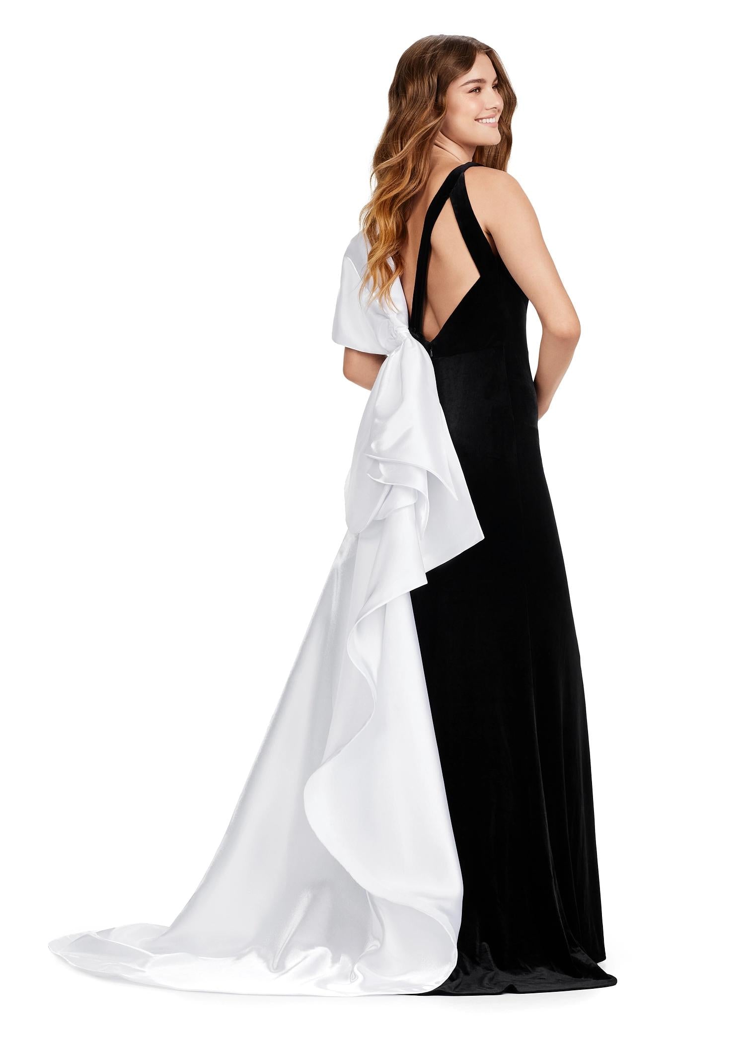 Back. Black/White ASHLEYlauren 11527 Velvet Gown with V-Neckline, Open Back, Satin Bow Detail, and Fitted Skirt with Sweep Train