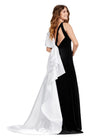 Back. Black/White ASHLEYlauren 11527 Velvet Gown with V-Neckline, Open Back, Satin Bow Detail, and Fitted Skirt with Sweep Train