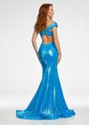 Back. Blue ASHLEYlauren 11107 Off-Shoulder Sequin Gown with Criss-Cross Open Back, Fit & Flare Silhouette, and Horsehair Hem