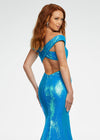 Back. Blue ASHLEYlauren 11107 Off-Shoulder Sequin Gown with Criss-Cross Open Back, Fit & Flare Silhouette, and Horsehair Hem