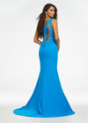 Back. Blue ASHLEYlauren 11119 One-Shoulder Gown in Corset Fabric with Asymmetrical Lace-Up Back and Left Leg Slit