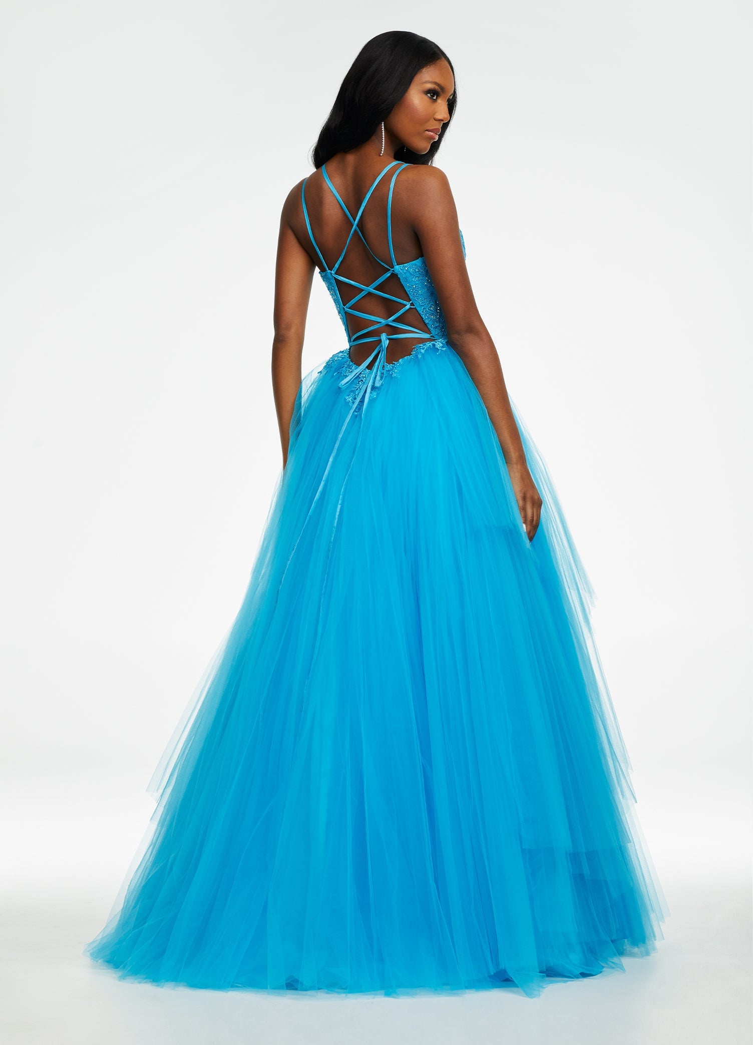 Back. Blue ASHLEYlauren 11146 Pleated Tulle Ball Gown with Spaghetti Straps, Embroidered Lace Bustier, Heat Set Stones, and Lace-Up Back