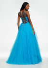 Back. Blue ASHLEYlauren 11146 Pleated Tulle Ball Gown with Spaghetti Straps, Embroidered Lace Bustier, Heat Set Stones, and Lace-Up Back