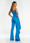 Back. Blue ASHLEYlauren 11152 One-Shoulder Jumpsuit in Signature Corset Fabric with Cascading Side Ruffle and Exposed Industrial Zipper