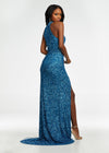 Back. Blue ASHLEYlauren 11174 Fully Hand-Beaded Sequin Gown with Halter Neckline, Full Back, and Right Leg Slit