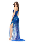 Back. Blue ASHLEYlauren 11207 One-Shoulder Sequin Gown with Asymmetrical Wrap Bead Pattern, Illusion Cut-Out, Slit, and Sweep Train