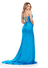 Back. Blue ASHLEYlauren 11605 Timeless Strapless Satin Gown with Sweetheart Neckline, Ruched Detailing, Lace Up Back, and Right Leg Slit