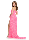 Back. Bright Pink ASHLEYlauren 11236 strapless gown featuring a sweetheart neckline, modern floral sequin motif cascading down the bustier and skirt, and a left leg slit for a glamorous and head-turning look.