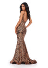 Back. Bronze/Black ASHLEYlauren 11466 fitted stretch sequin gown with V-neckline and deep V-back