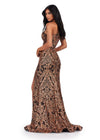 Back. Bronze/Black ASHLEYlauren 11471 one shoulder stretch sequin gown with illusion side cut out and left leg slit