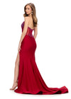 Back. Burgundy ASHLEYlauren 11617 Elegant One Shoulder Jersey Gown with Glamorous Beaded Corset Bustier, Ruched Hip Detail, and Left Leg Slit