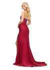 Back. Burgundy ASHLEYlauren 11690 Glamorous Strapless Gown with Exposed Corset Boning Encrusted in Press On Stones, Ruched Skirt, and Left Leg Slit