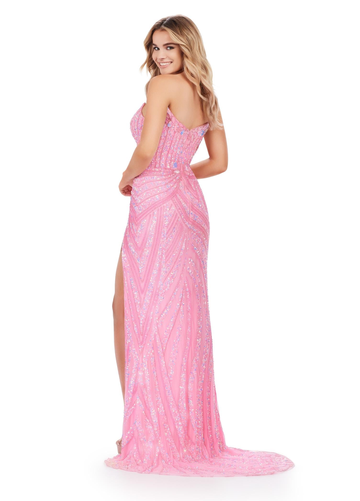 Back. Candy Pink ASHLEYlauren 11236 strapless gown featuring a sweetheart neckline, modern floral sequin motif cascading down the bustier and skirt, and a left leg slit for a glamorous and head-turning look.