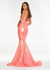Back. Coral ASHLEYlauren 11108 Sequin Gown with Spaghetti Straps, Illusion V-Neckline, Deep V-Back, Fitted Silhouette, and Horsehair Hem