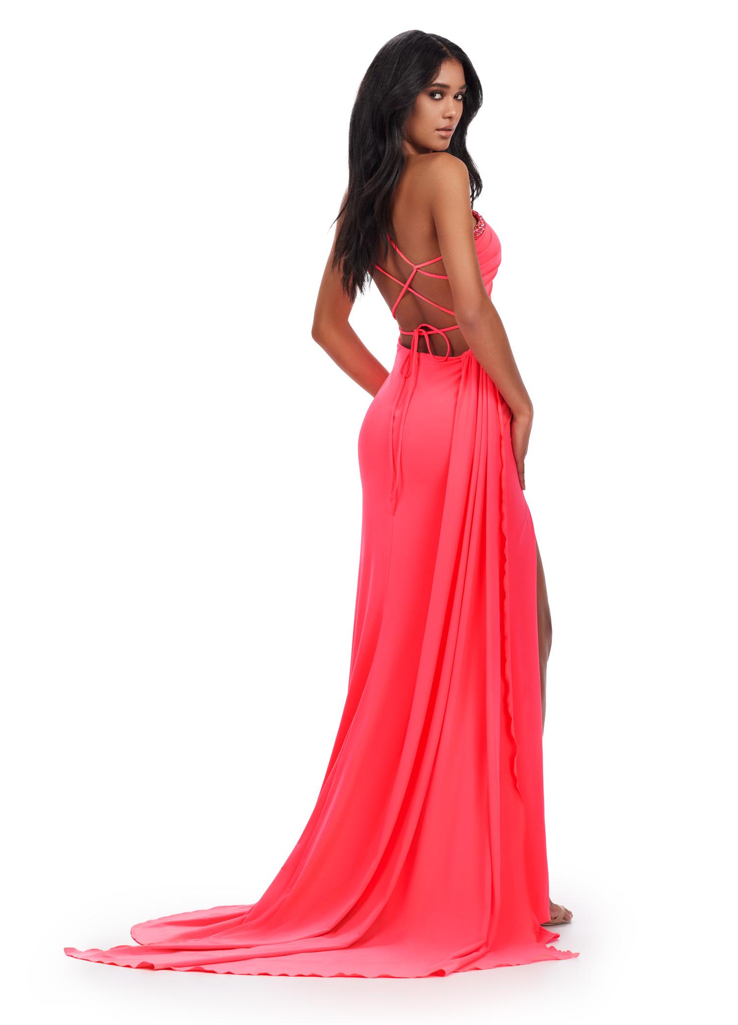 Back. Coral ASHLEYlauren 11539 One Shoulder Jersey Gown with Crystal Accents, Lace Up Back, Cut Outs, and Dramatic Side Skirt