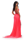 Back. Coral ASHLEYlauren 11539 One Shoulder Jersey Gown with Crystal Accents, Lace Up Back, Cut Outs, and Dramatic Side Skirt