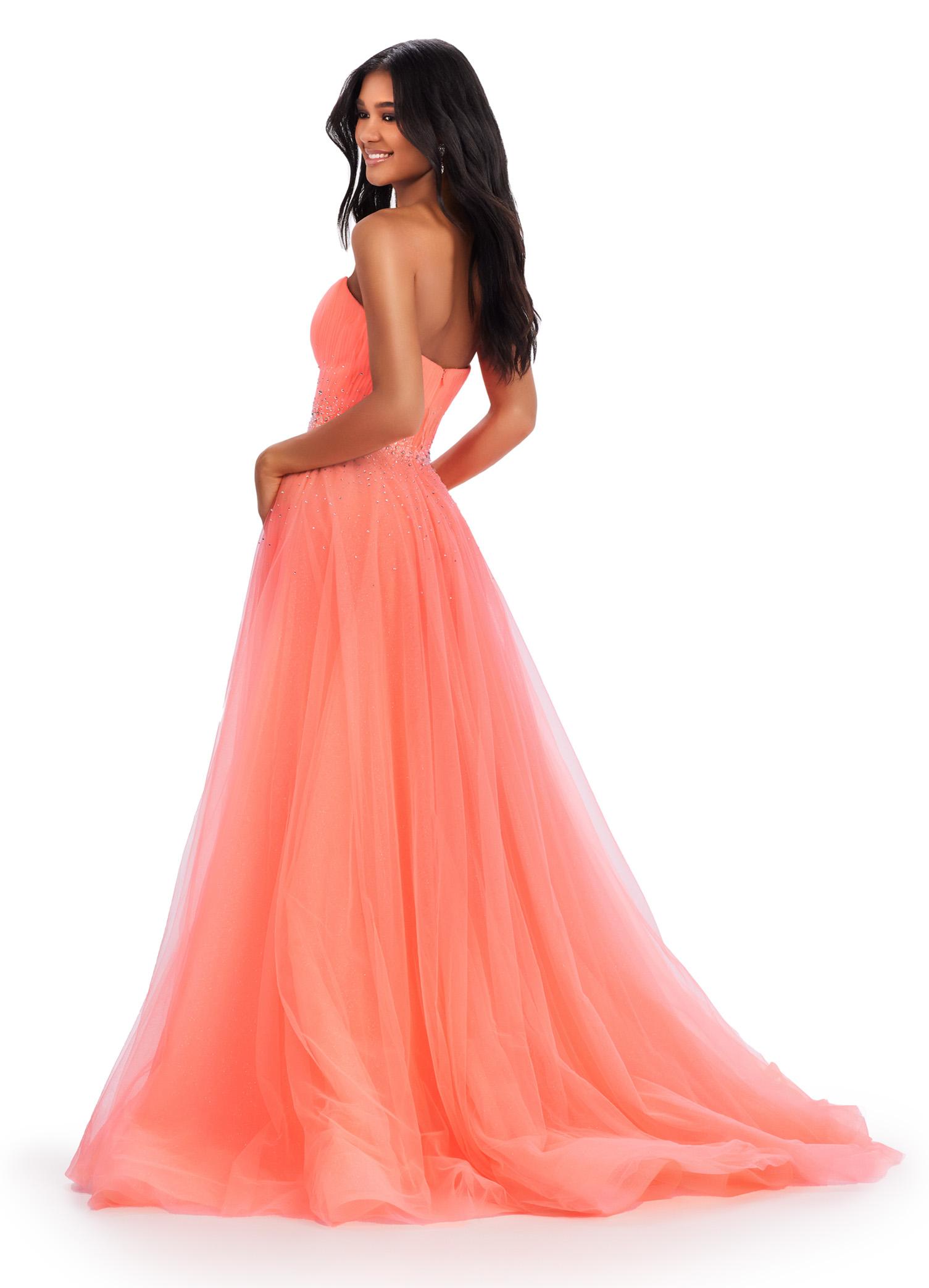Back. Coral ASHLEYlauren 11597 Strapless Glitter Tulle Ball Gown with Sparkling Trickle Beaded Belt and Voluminous Princess Skirt