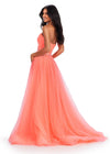 Back. Coral ASHLEYlauren 11597 Strapless Glitter Tulle Ball Gown with Sparkling Trickle Beaded Belt and Voluminous Princess Skirt
