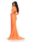 Back. Coral ASHLEYlauren 11607 Unique Jersey Gown with V-Neckline, Long Sleeves, Crisscross Cut Out Wrap Bustier, Draped Fitted Skirt, and Left Leg Slit