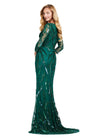 Back. Dark Emerald ASHLEYlauren 11205 Sophisticated Fitted Gown with V-Neckline, Fully Sequin Beaded Design, Three Quarter Sleeves, High Back, and Sweep Train