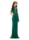 Back. Dark Emerald ASHLEYlauren 11213 Elegant Hand Beaded Gown with Crew Neckline, Intricate Bead Motif, Asymmetrical Overlay Detail, and High Back