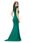 Back. Dark Emerald ASHLEYlauren 1129 one shoulder scuba gown featuring feather-embellished neckline, heat set stones cascading down the skirt, and a left leg slit for a bold and elegant look.