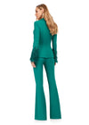 Back. Dark Emerald ASHLEYlauren 11315 two-piece scuba suit featuring a V-neckline, dramatic sleeve details adorned with feathers and crystals, and flared pants for a bold and sophisticated look.