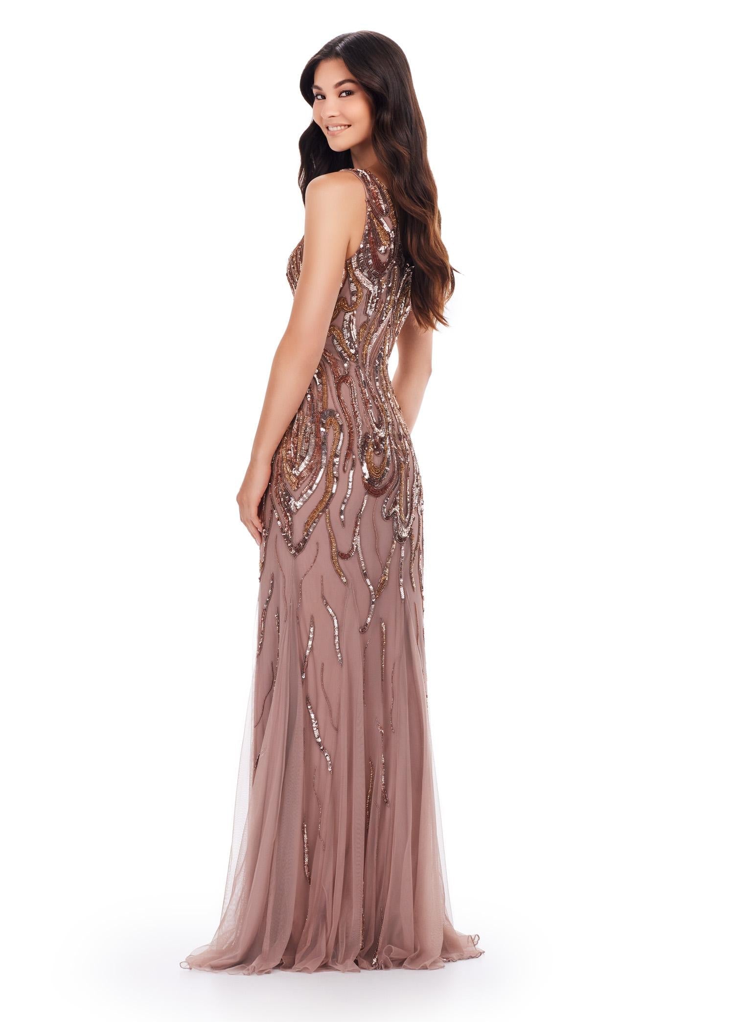 ASHLEYlauren 11204 Hand Beaded V-Neck Gown