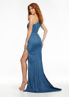 Back. Denim ASHLEYlauren 11125 One-Shoulder Denim Gown with Illusion Cut-Out Waist, Crystal Embellishments, and Left Leg Slit