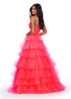 Back. Electric Coral ASHLEYlauren 11622 Tulle Ball Gown with Sweetheart Neckline, Ruched Bustier, Spaghetti Straps, and Tiered Tulle Skirt