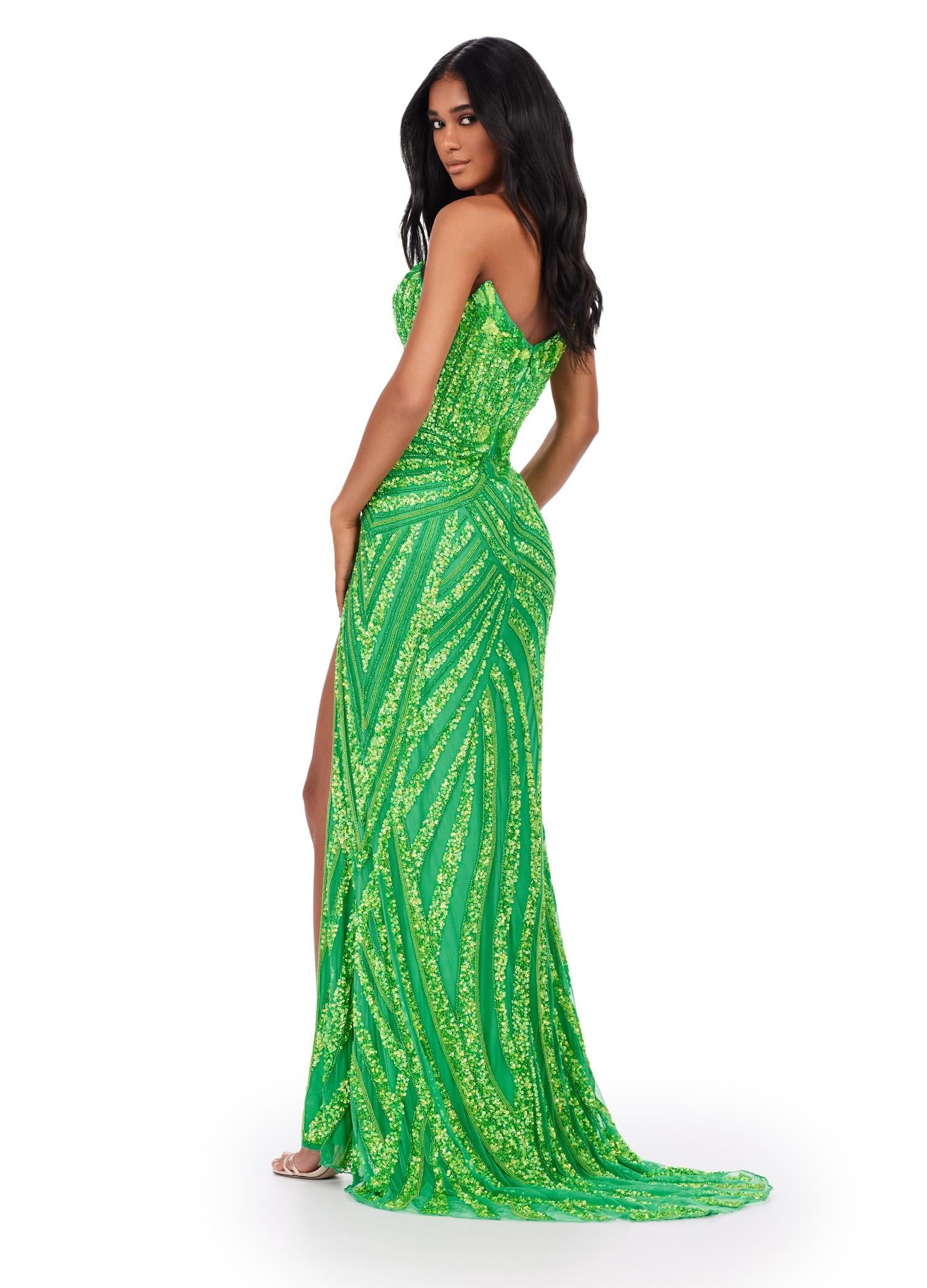 Back. Electric Lime ASHLEYlauren 11236 strapless gown featuring a sweetheart neckline, modern floral sequin motif cascading down the bustier and skirt, and a left leg slit for a glamorous and head-turning look.
