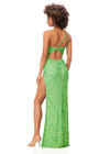 Back. Electric Lime ASHLEYlauren 11285 One Shoulder Sequin Gown with Adjustable Straps, Keyhole Back Cut Out, Fully Hand Beaded Design, and Left Leg Slit