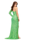 Back. Electric Lime ASHLEYlauren 11291 fully hand-beaded gown featuring a one sleeve design, sweetheart neckline, adjustable lace-up bustier, right leg slit, and a sweep train for an elegant and sophisticated look.