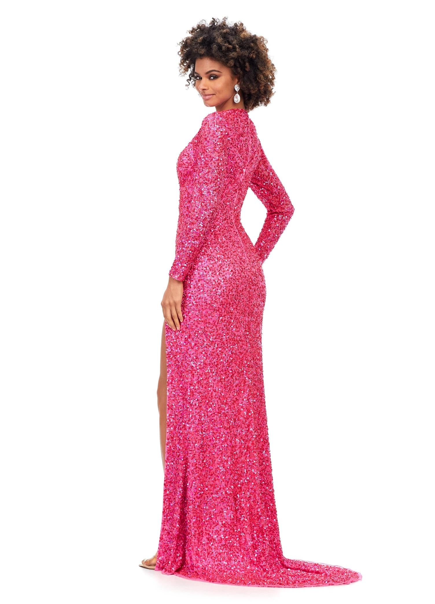 Back. Electric Pink ASHLEYlauren 11241 Fully Sequin Fitted Gown with Lace-Up Bustier, Long Sleeves, and Left Leg Slit