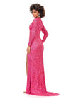 Back. Electric Pink ASHLEYlauren 11241 Fully Sequin Fitted Gown with Lace-Up Bustier, Long Sleeves, and Left Leg Slit