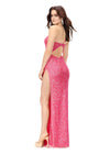 Back. Electric Watermelon ASHLEYlauren 11285 One Shoulder Sequin Gown with Adjustable Straps, Keyhole Back Cut Out, Fully Hand Beaded Design, and Left Leg Slit