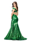 Back. Emerald ASHLEYlauren 11107 Off-Shoulder Sequin Gown with Criss-Cross Open Back, Fit & Flare Silhouette, and Horsehair Hem